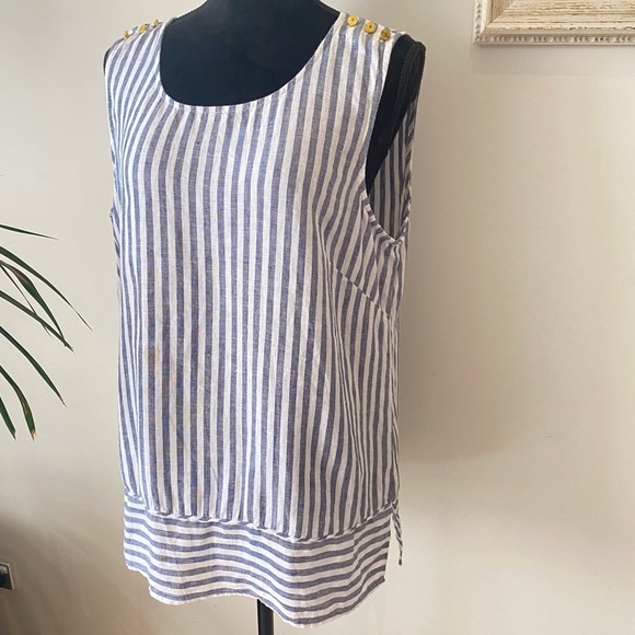 Ellen Tracy Tops - ELLEN TRACY Striped Linen Relaxed Blouse White Blue with Gold Shoulder Detail L